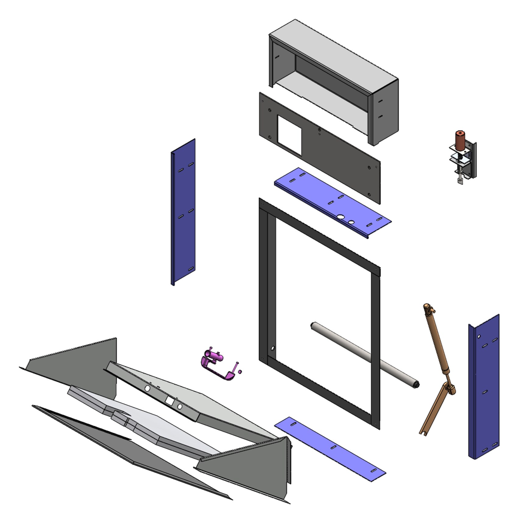 Exploded isometric view of the vertical-discharge door assembly: outer housing, front panel, mounting straps, framed door, chute liner panels, gas spring, latch and position switch separated along their assembly axes.