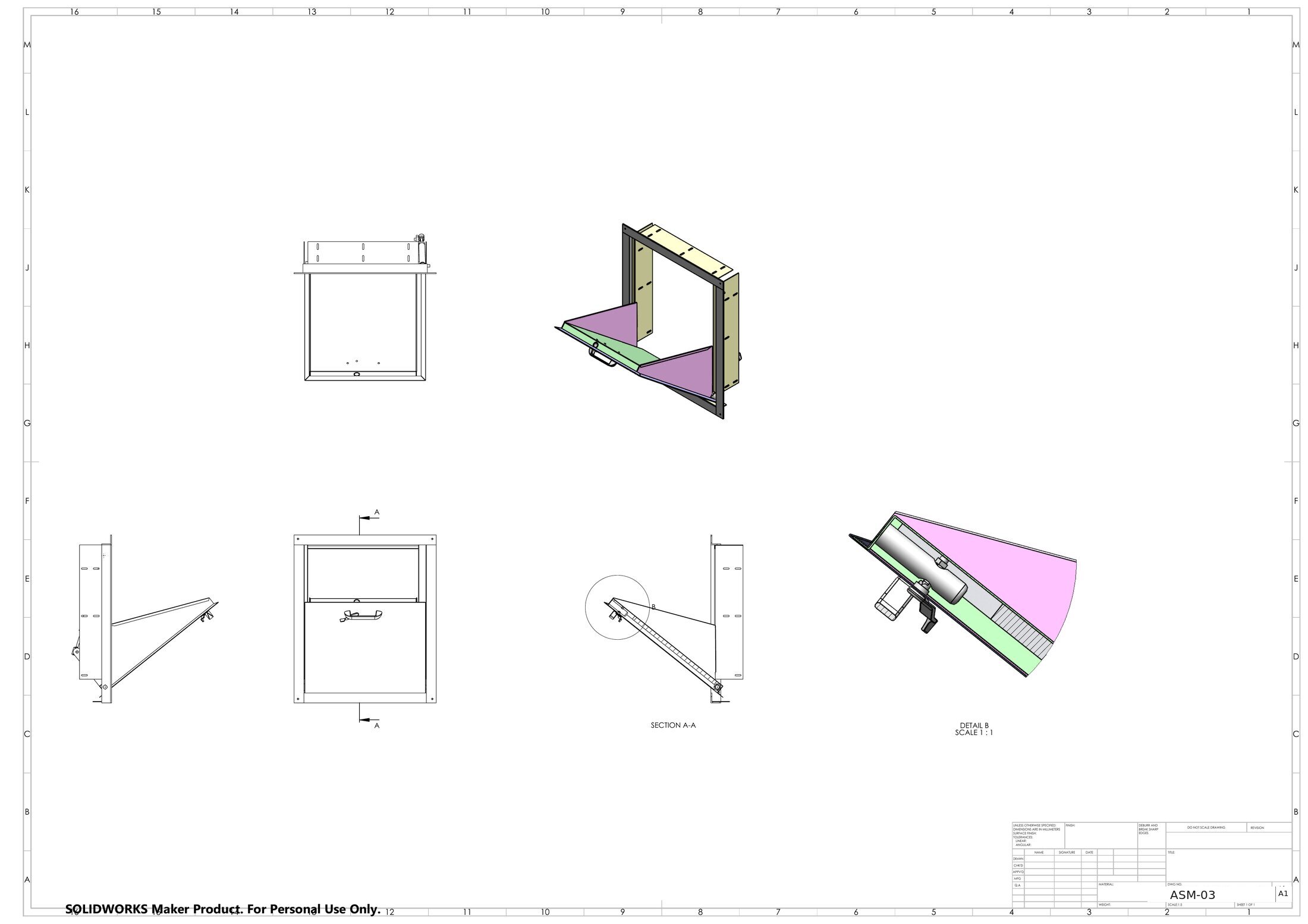 Fabrication drawing of the door part: front, side and top views, an isometric of the frame with the liner folded down, section A-A and a 1:1 detail of the gas spring and latch.