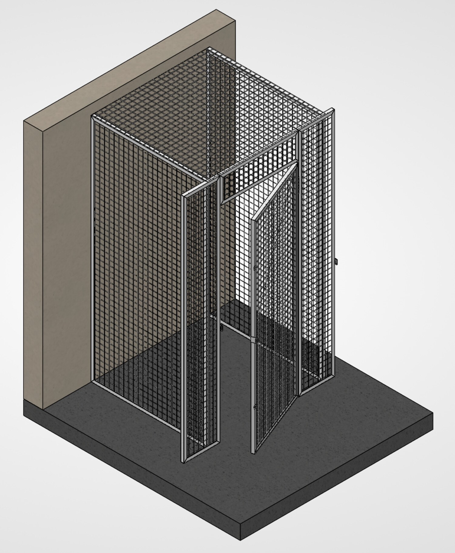 Isometric render of a welded wire mesh storage cage against a wall, with a framed mesh door standing open on strap hinges and a padlock hasp on the frame.