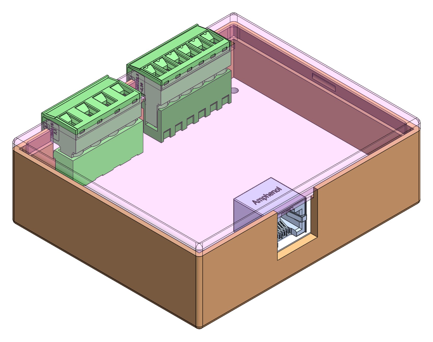Isometric CAD view of an electronics enclosure base with transparent walls, showing two green pluggable terminal blocks along one edge and an RJ45 jack seated in a wall cutout.