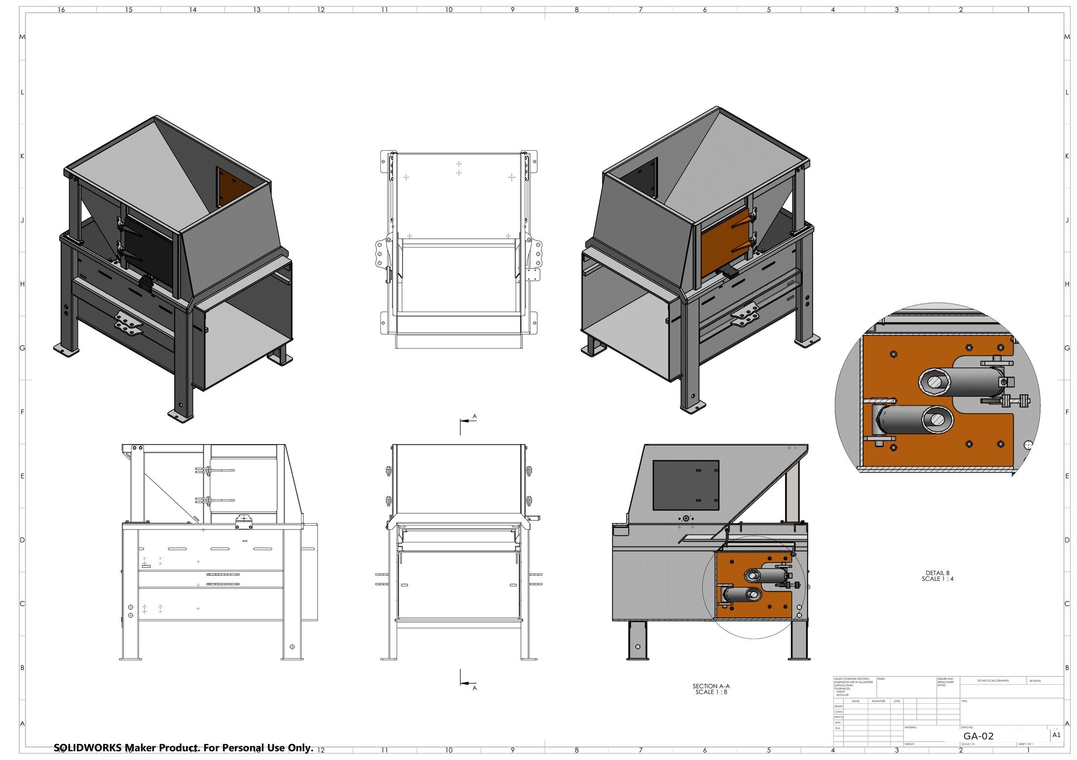 A1 general arrangement drawing of the charge hopper: two isometric views, three orthographic views, section A-A and a 1:4 detail of the twin cylinder mounting plate.