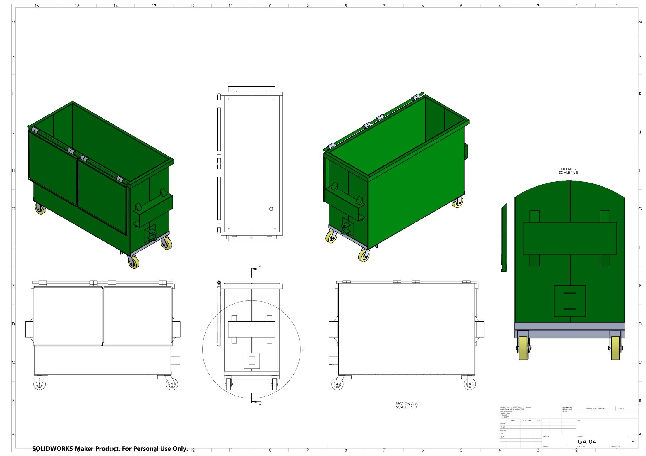 A1 general arrangement drawing of the green front-load waste container: two isometric views, orthographic views, section A-A through the body and a 1:5 detail of the arched end panel with caster base.
