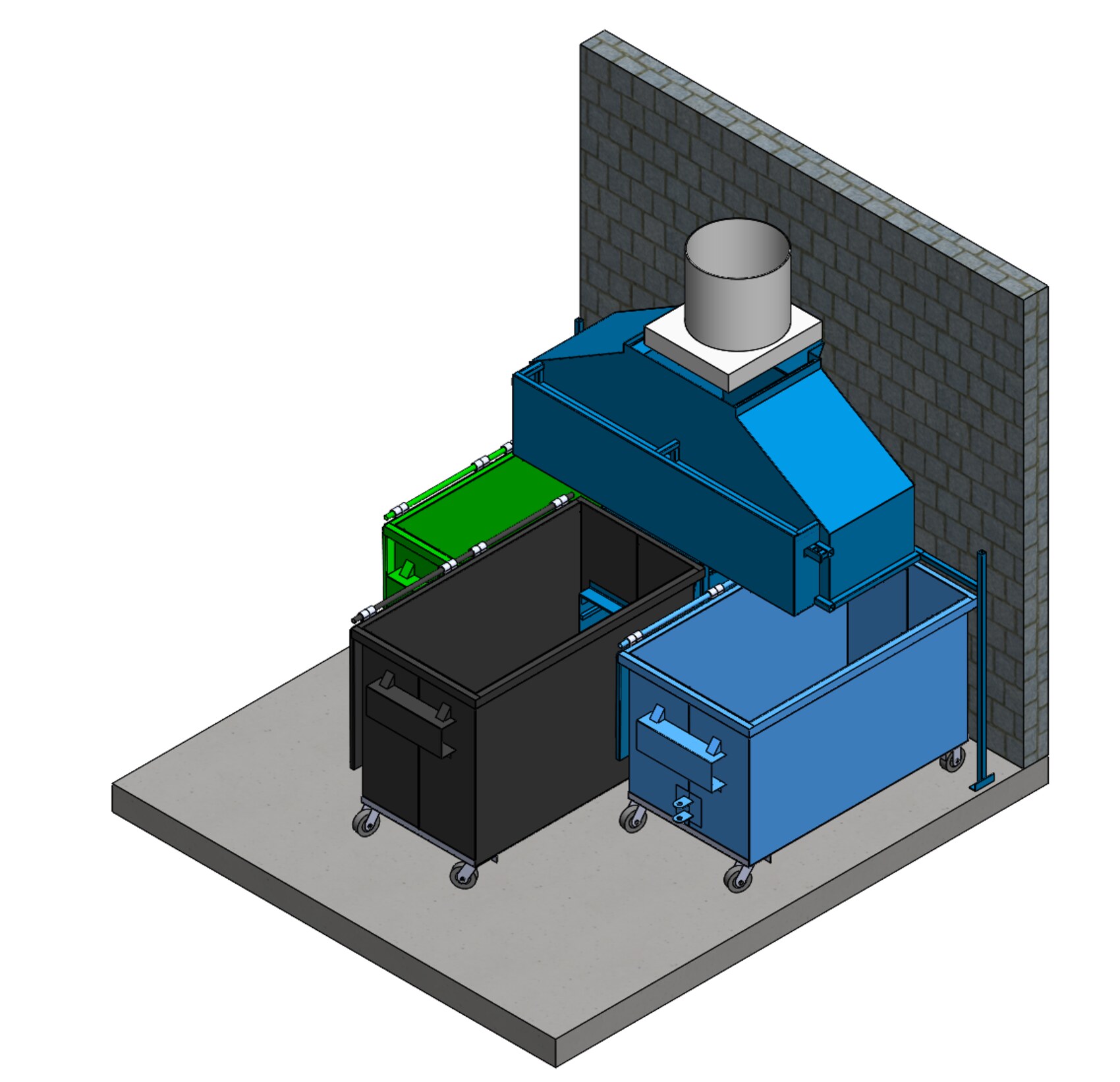 Isometric render of a chute room: blue diverter and hopper mounted against a block wall with a vertical chute stack above, and green, black and blue wheeled carts staged beneath on a concrete slab.