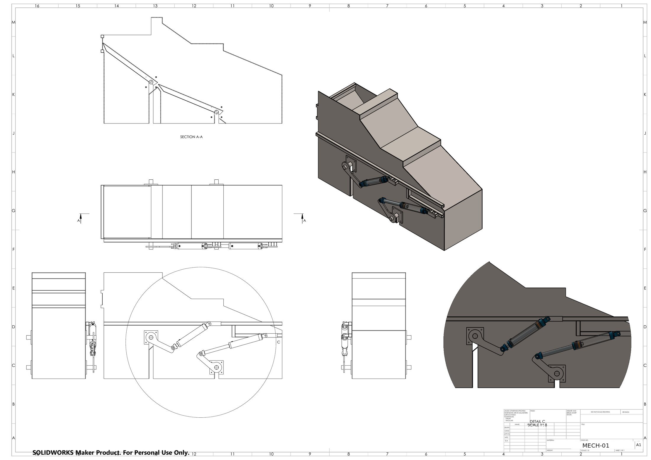 A1 assembly drawing of the hydraulic end unit showing isometric view, section A-A through the diverter panel, and a scale 1:8 detail of the cylinder and bellcrank linkage.